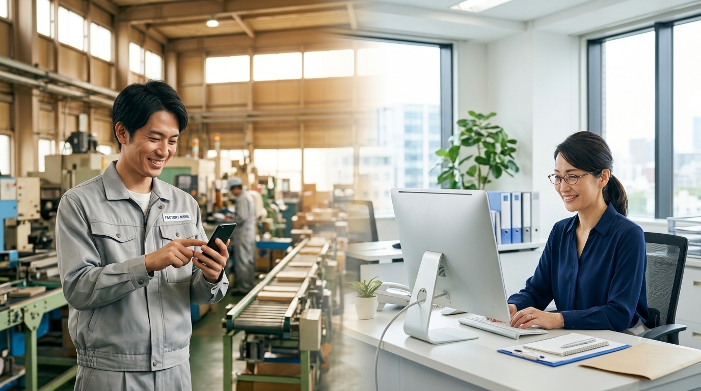 スポットワーカーがスマホで求人に応募し、企業担当者が管理画面で確認している様子