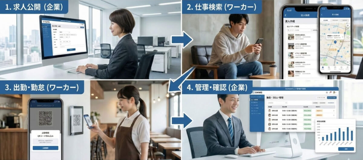 運用フロー図:企業が求人公開、ワーカーが仕事検索、QRコードで出勤・勤怠記録、企業が管理画面で勤怠・支払いを確認